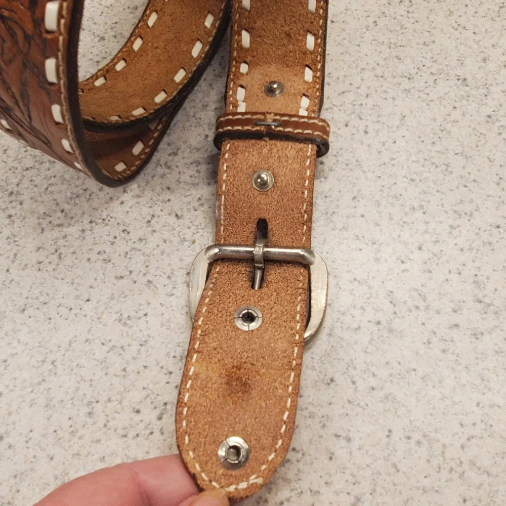 VTG Hand Tooled Leather Belt Mens SZ 40 Buffalo Hunt Topstitch Removeable Buckle